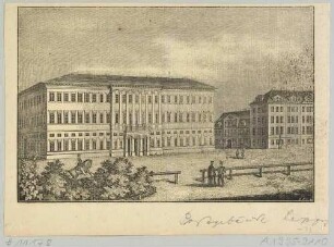 Das 1838 fertiggestellte Neue Postgebäude von Albert Geutebrück am Augustusplatz in Leipzig, rechts das Geschäftshaus der Teubnerschen Druckerei und Verlagsbuchhandlung am Beginn des Grimmaischen Steinweges