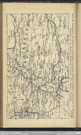 Karte der Saarbrück'er Eisenbahn, der Pfälzischen Ludwigsbahn (Ludwigshafen-Bexbach), der Stuttgart-Heilbronn'er, der Bietigheim-Bruchsal'er und der Mannheim-Heidelberg-Oos-Baden'er Eisenbahn