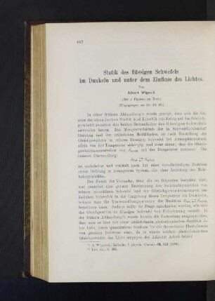 Statik des flüssigen Schwefels im Dunkeln und unter dem Einfluss des Lichtes.