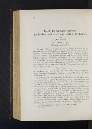 Statik des flüssigen Schwefels im Dunkeln und unter dem Einfluss des Lichtes.