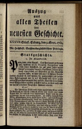 XXXVII. Stück. Coburg, den 9. Sept. 1761.