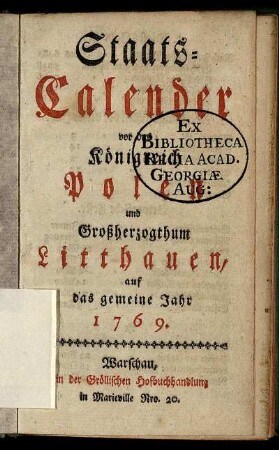 1769: Staats-Calender vor das Königreich Polen und Großherzogthum Litthauen auf das Jahr gemeine Jahr 176