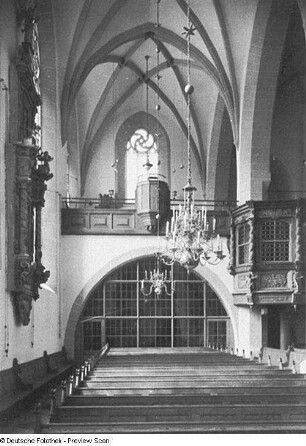 Bautzen. Dom St. Petri (1213/1221). Südliches Schiff (1456/1463). Blick nach Westen zur Südwest-Empore und Fürstenloge