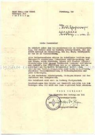 Anschreiben des BDM zur Verschickung eines Teilnehmerausweises für den Reichsparteitag 1936