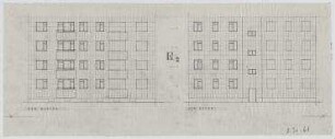 Wettbewerb Siedlung Constructa I (nicht realisiert) – Typ E2: Westansicht, Ostansicht. Hannover, Hildesheimer Straße, Schlägerstraße, Krausenstraße, Bandelstraße