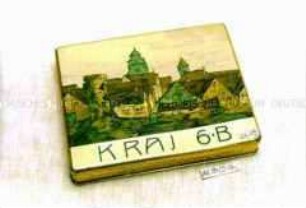 Blechdose für 50 Stück Zigaretten "KRAJ 6 B" (Abbildung: mittelalterliche Stadtansicht)