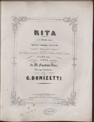 Rita : ou le mari battu ; opéra comique en 1 acte ; représenté pour la première fois sur le Théâtre de l'Opéra Comique le 7 mai, 1860