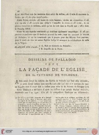 Desseins [...] pour la facade de l'eglise de S.te Petrone de Bologne