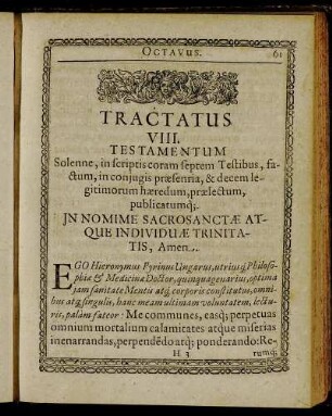 Tractatus VIII. Testamentum Solenne, in scriptis coram septem Testibus ...