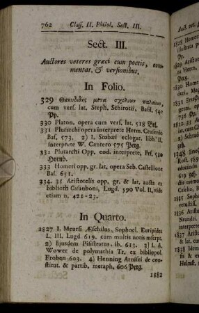 Sect. III. Auctores veteres græci cum poetis, commentat. & versionibus.
