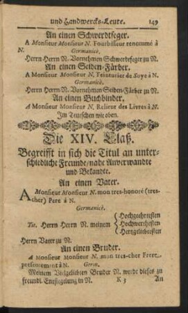 Die XIV. Claß. Begreifft in sich die Titul an unterschiedliche Freunde/ nahe Anverwandte und Bekannte
