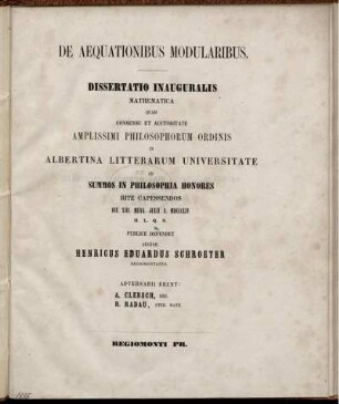 De Aequationibus Modularibus : Dissertatio Inauguralis Mathematica