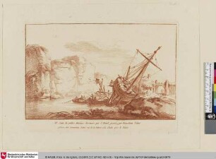 [Landschaft mit Segelschiff an Land]