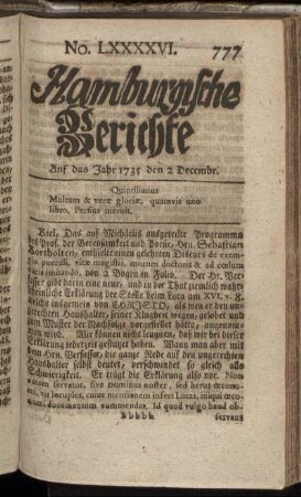 No. LXXXXVI. Auf das Jahr 1735, den 2 Decembr. - No. CIII. Auf das Jahr 1735, den 30 Decembr.
