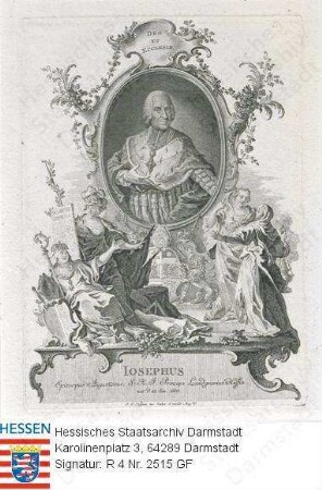 Joseph Bischof v. Augsburg geb. Landgraf v. Hessen-Darmstadt (1699-1768) / Porträt in Medaillon, mit Bildlegende, umrahmt von allegorischen Figuren, stehend, Halbfigur