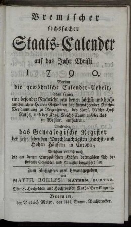 1790: Bremischer sechsfacher Staats-Calender