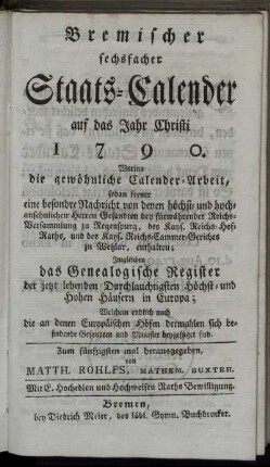 1790: Bremischer sechsfacher Staats-Calender
