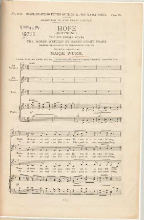 Hope = (Hoffnung) : trio for female voices ; [with piano] ; the words written by Sarah Grant Franz ; (German translation by Margarethe Philipp)