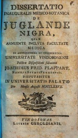 Dissertatio Inauguralis Medico-Botanica De Iuglande Nigra