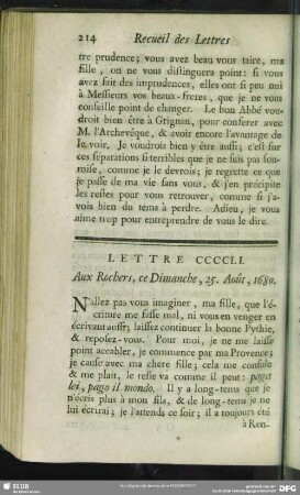 Lettre CCCCLI. Aux Rochers, ce Dimanche, 25. Août, 1680