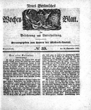 No. 39, Sonnabend, den 26.September 1835