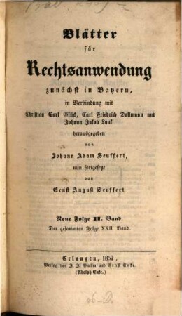 Blätter für Rechtsanwendung : zunächst in Bayern, 22. 1857