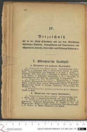 IV. Verzeichniß der in der Stadt Hildesheim und auf dem Moritzberge befindlichen Behörden, Commissionen und Deputationen von allgemeinem Interesse, Unterrichts- und Bildungs-Anstalten etc.