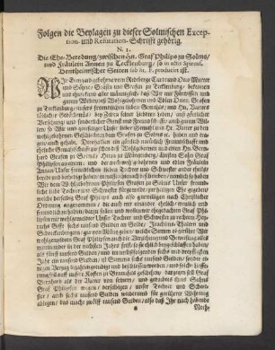 Folgen die Beylagen zu dieser Solmischen Exception- und Refutation-Schrifft gehörig.