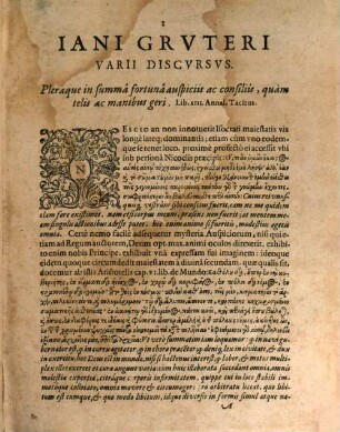 Iani Grvteri varii discursus; Sive Prolixiores Commentarii ad aliquot insigniora loca Taciti. atque Onosandri, [1]