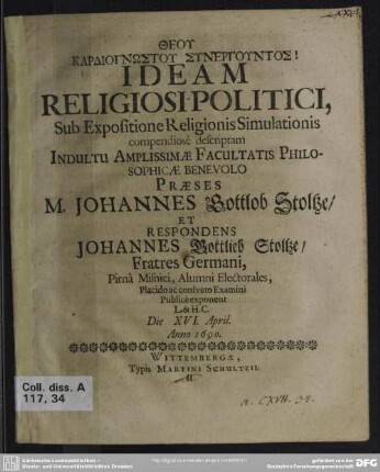 Ideam religiosi politici sub expositione religionis simulationis compendiose descriptam