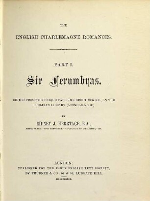 Sir Ferumbras : Edited by Sidney J. Herrtage