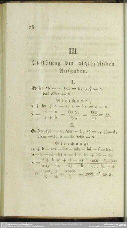 III. Auflösung der algebraischen Aufgaben