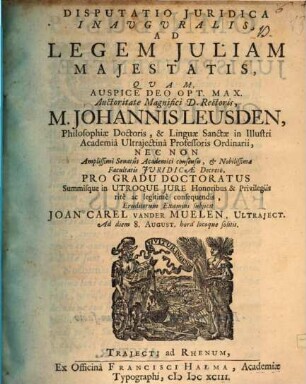 Disp. iur. inaug. ad legem Iuliam maiestatis