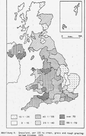 Grassland, per 100 ha crops, grass and rough grazing: United Kingdom 1970