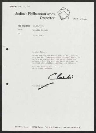 Brief an Peter Stein, 30.12.1995