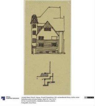 Hanau, Projekt Doppelhaus Ohl, vorbereitende Skizze, Aufriss einer Seitenfassade und zwei Details