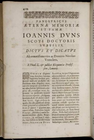 Panegyricus Aeternae Memoriae et Famae Ioannis Dvns Scoti Doctoris subtilis [...]