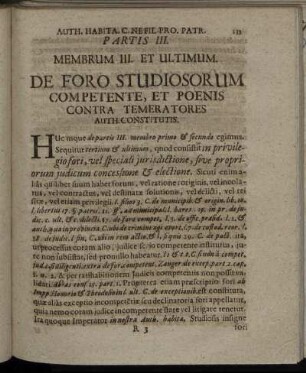 Membrum III. Et Ultimum. De Foro Studiosorum Competente, Et Poenis Contra Temeratores Auth. Constitutis.