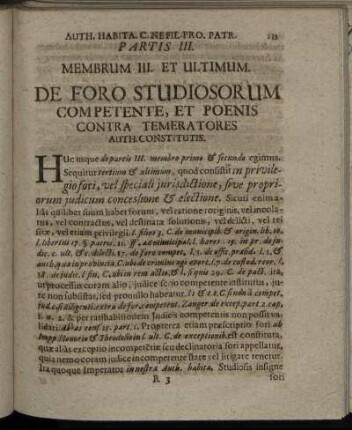 Membrum III. Et Ultimum. De Foro Studiosorum Competente, Et Poenis Contra Temeratores Auth. Constitutis.