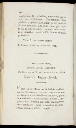 Amicissimo Viro, Joann. Andr. Scherer, Medico apud Vindobonenses celebri Joannes Ingen-Housz.
