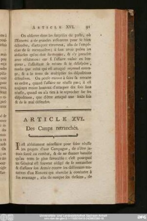 Article XVI. Des Camps retranchés.