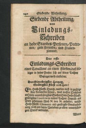 Siebende Abtheilung, von Einladungs-Schreiben an hohe Standes-Personen, ...
