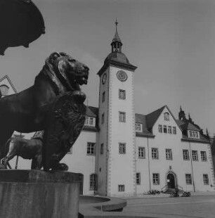 Freiberg. Löwen vom Brunnendenkmal mit dem Standbild des Stadtgründers, Otto dem Reichen, Blick zum Rathaus