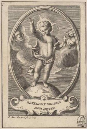 Stehendes Jesuskind auf der Weltkugel mit Segensgestus ("Benedicat nos deus deus noster")