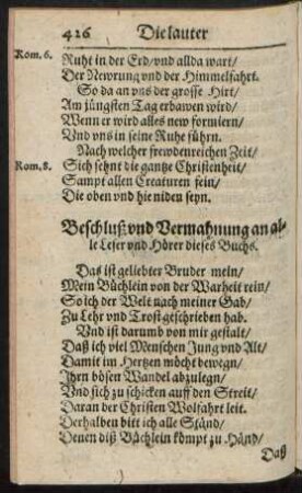 Beschluß und Vermahnung an alle Leser und Hörer dieses Buchs.