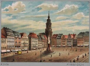 Ansicht des Altmarktes in Dresden, Blick nach Südosten auf die Kreuzkirche und das Germania-Denkmal