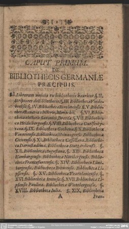 Caput Primum. De Bibliothecis Germaniae Praecipuis