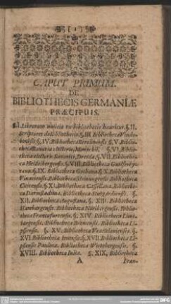 Caput Primum. De Bibliothecis Germaniae Praecipuis