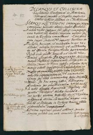 Testimonium ordinatioris der theol. Fakultät für den von der Stadt Leutkirch berufenen Mag. Bernhard Miller .