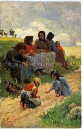 Landarbeiterinnen bei Rast am Wegesrand